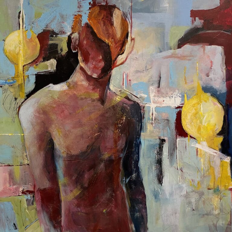 Et figurativt og fargerikt oljemaleri av en person med blod eller jord farge som dekker hode og kropp, det er to kuler som kan representerer missiler og ildkuler som ser ut som soler og gir varme og lys foran og bak personen. det er mange blå og grønntoner som står i kontrast til figurens rødlige farge