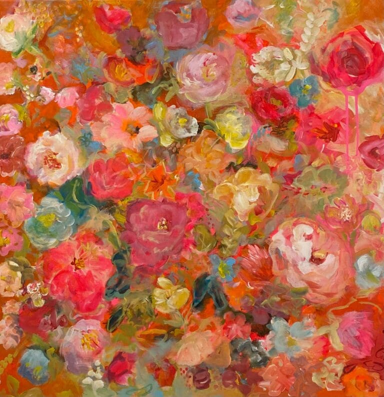 Et fargerikt akryl maleri, der blomster i sterke oransje, rosa og gule farger dekker hele lerretet, med innslag av gult og blått. mye bevegelse og rytme