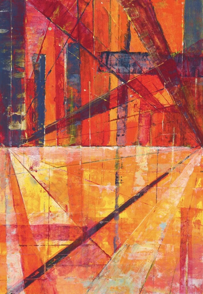abstrakt maleri, i to punkts perspektiv, strålende varme farger i oransje, rødt, og gult
