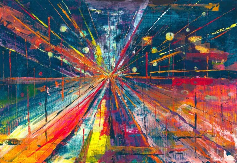abstrakt maleri, i ett punkts perspektiv, strålende varme farger i oransje, rødt, og gul toner eksploderer ut av ett punkt, mørk blå, grønn bakgrunn, lysende gule sirkler i bildet som popper ut i kontrast mot det mørke