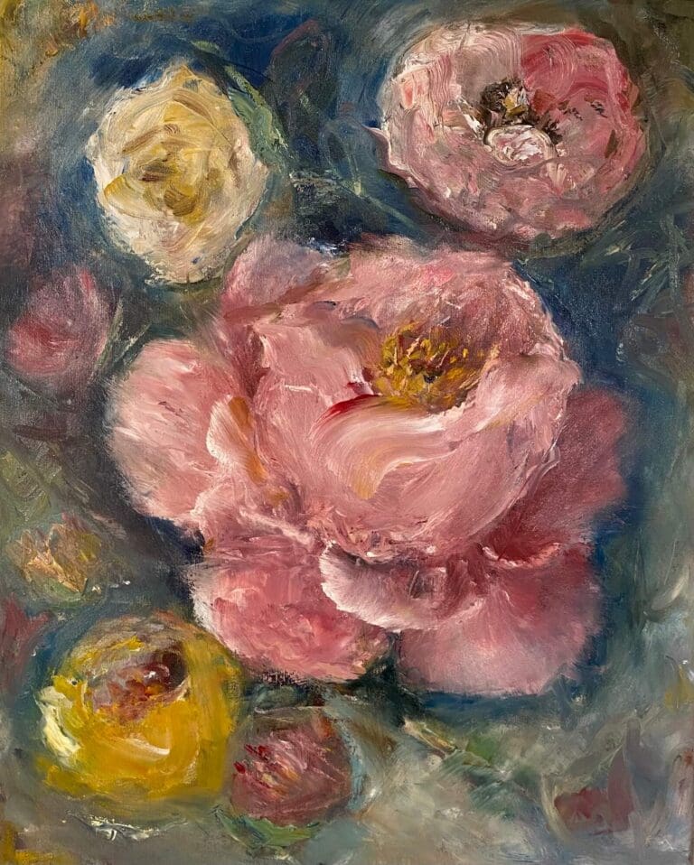 I forkant av den mørke blågrønne bakrunnen, malt i energiske penselstøk, er det malt flere blomster svevende på lerretet, en stor rosa peon er omkranset av mindre blomster i rosa, gule og hvite valører, det ligger en melankolsk dysterhet i bildet, men likevel et verdig bilde der de vakre blomstene er en påminnelse om liv og død