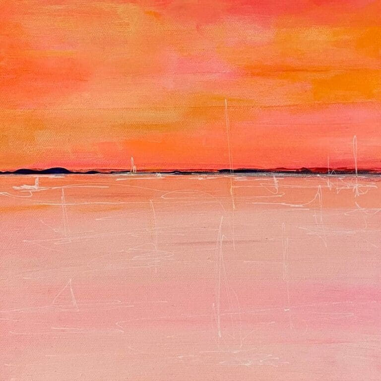 Et oransje og rosa maleri med motiv av havet, en smal stripe som går vannrett over bildet forestiller svaberg i horisonten, og er i dyp lilla farge, dette skaper kontrast til det blikkstille vannet som er malt i lyse rosa og oransje valører, Himmelen over horisonten er mørkere oransje med innslag av rosa. bildets malestrøk som er jevne og i en retning, er med på skape det vindstille preget. bare brutt opp av svake tusjstreker i hvitt, som kan minne om seilbåter.