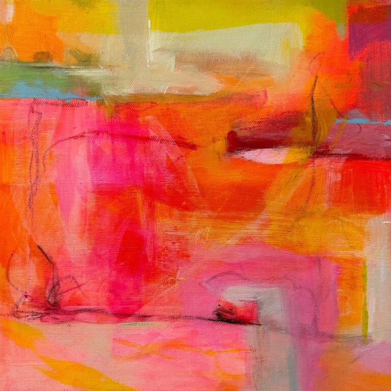Et bilde av en serie på tre, følelsen av et landskap, men abstrahert med sterke oransje, gul, rosa og innslag av blått og grønt. Fargene overlapper hverandre og skaper dybde i bildet, fargene vibrere og det kjennes ut som en varm solnedgang eller soloppgang