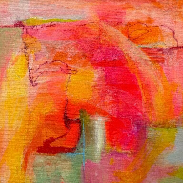 Et bilde av en serie på tre, følelsen av et landskap, men abstrahert med sterke oransje, gul, rosa og innslag av blått og grønt. Fargene overlapper hverandre og skaper dybde i bildet, fargene vibrere og det kjennes ut som en varm solnedgang eller soloppgang